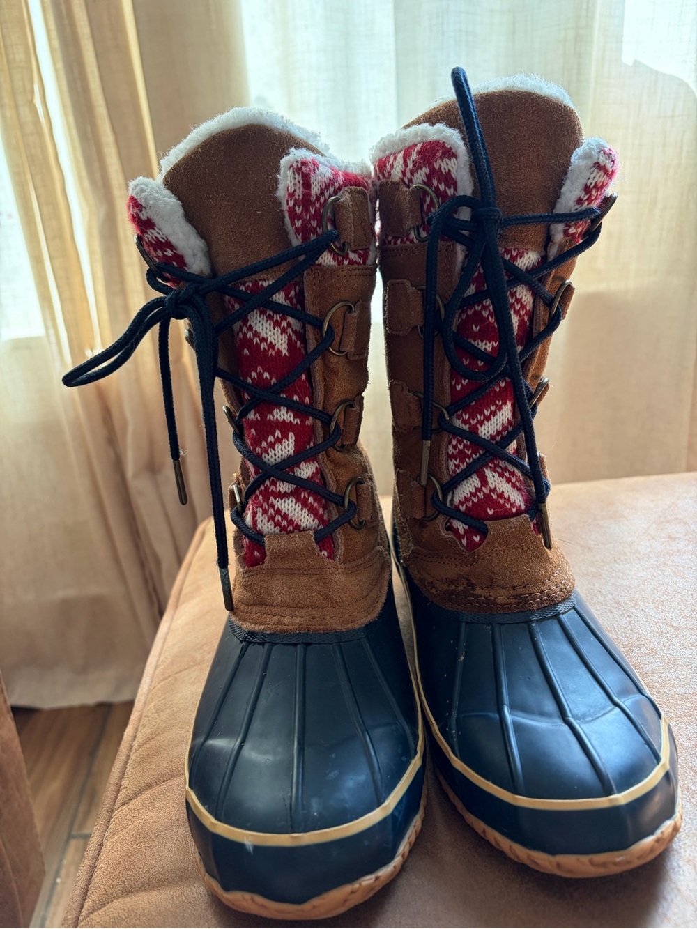 Abound Fair Isle Shearling Duck Boots Red Cream Winter Size 8